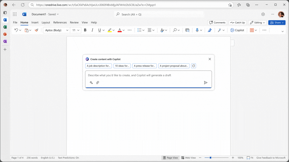 Microsoft 365 Copilot does a promt in MS Word